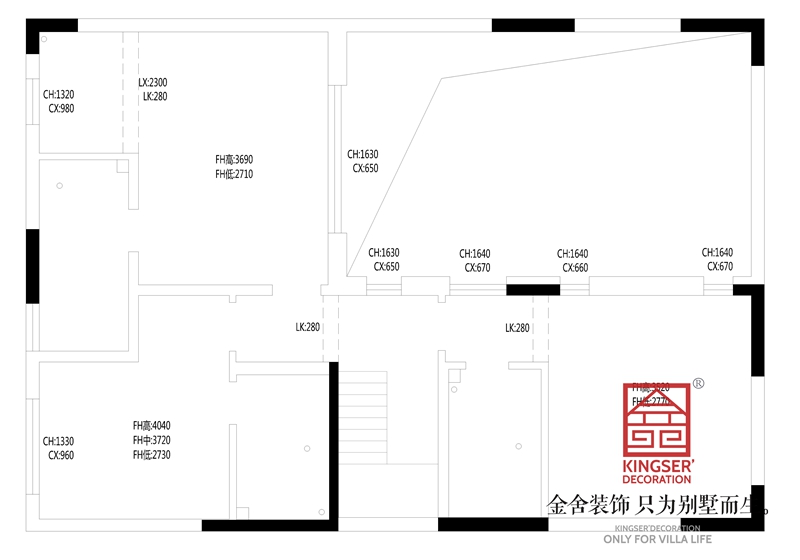 正定开元府260平别墅装修户型二层原始平面图