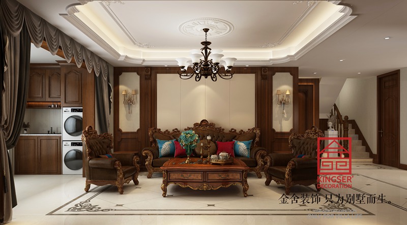 汉王府顶跃装修140平米传统美式客厅效果图